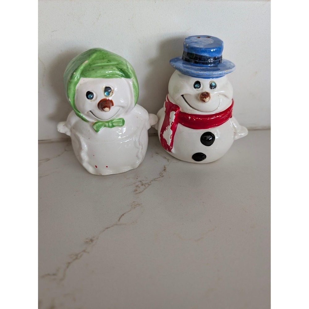 Vintage Kreiss Ceramic Snowman Salt and Pepper Shakers Christmas Decor Set